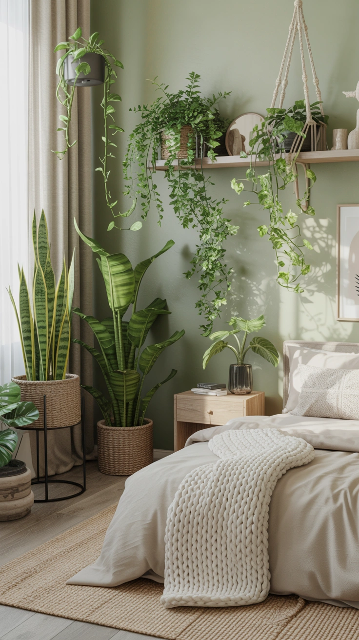 dreamy aesthetic bedroom with layered textures, warm lighting and stylish decor details