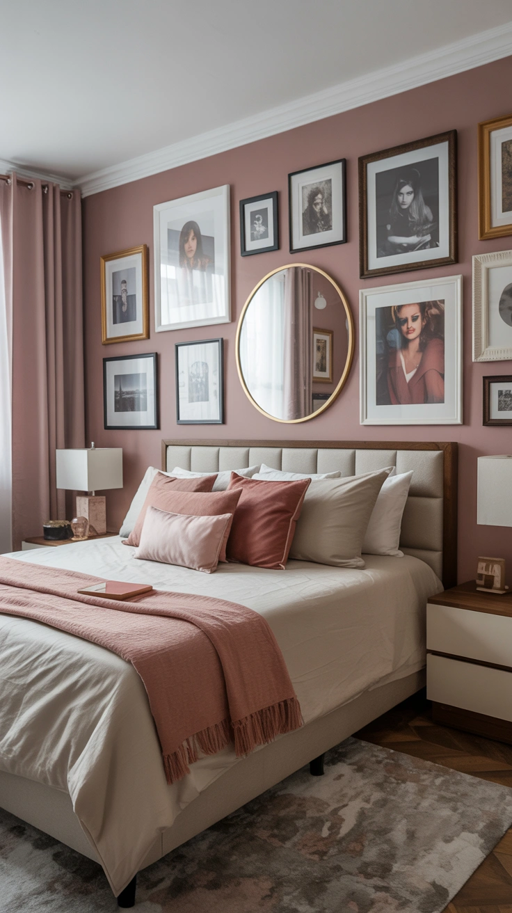 dreamy aesthetic bedroom with layered textures, warm lighting and stylish decor details