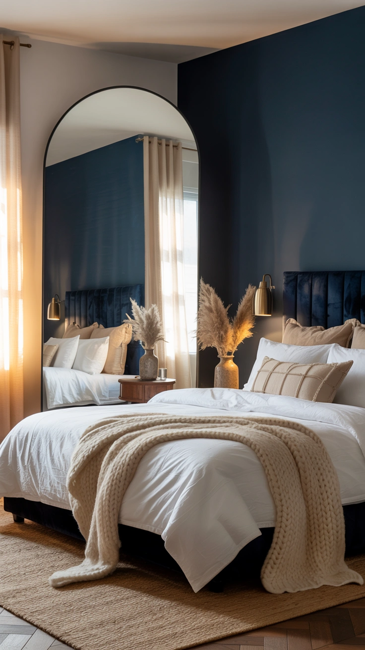 dreamy aesthetic bedroom with layered textures, warm lighting and stylish decor details