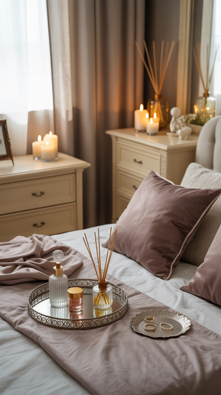 dreamy aesthetic bedroom with layered textures, warm lighting and stylish decor details