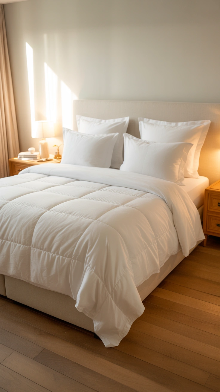 all white hotel bed with luxurious layered bedding