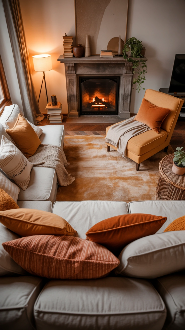 asymmetrical living room layout around a fireplace