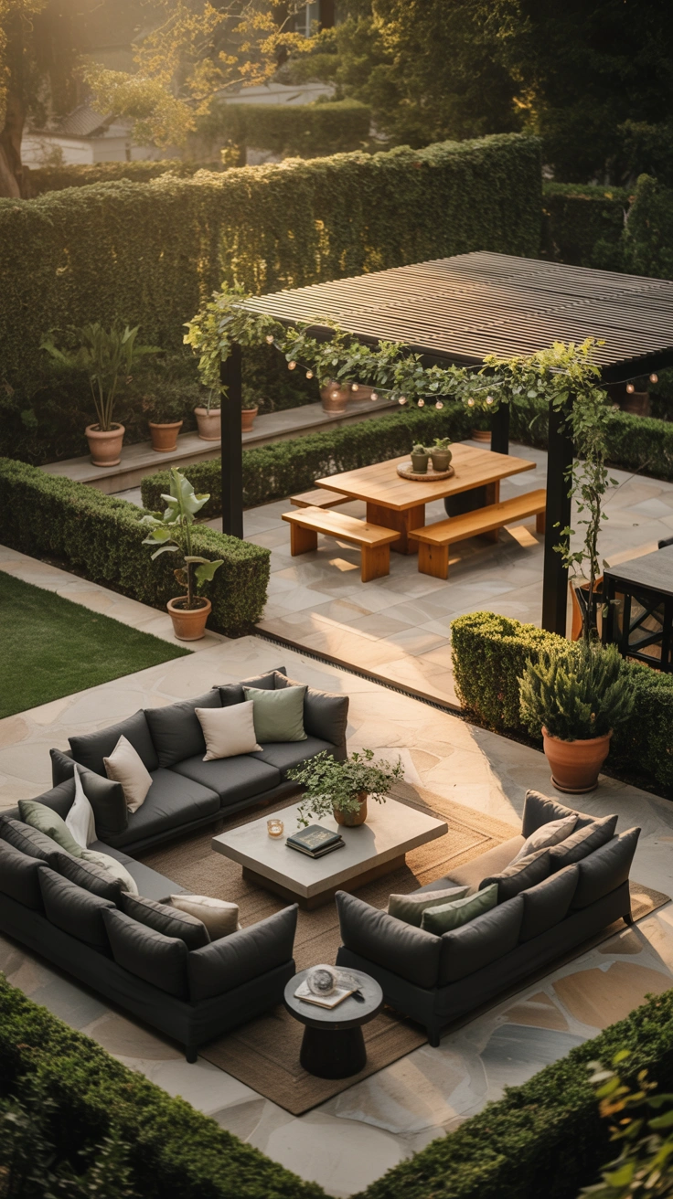backyard with separate outdoor lounge and dining areas