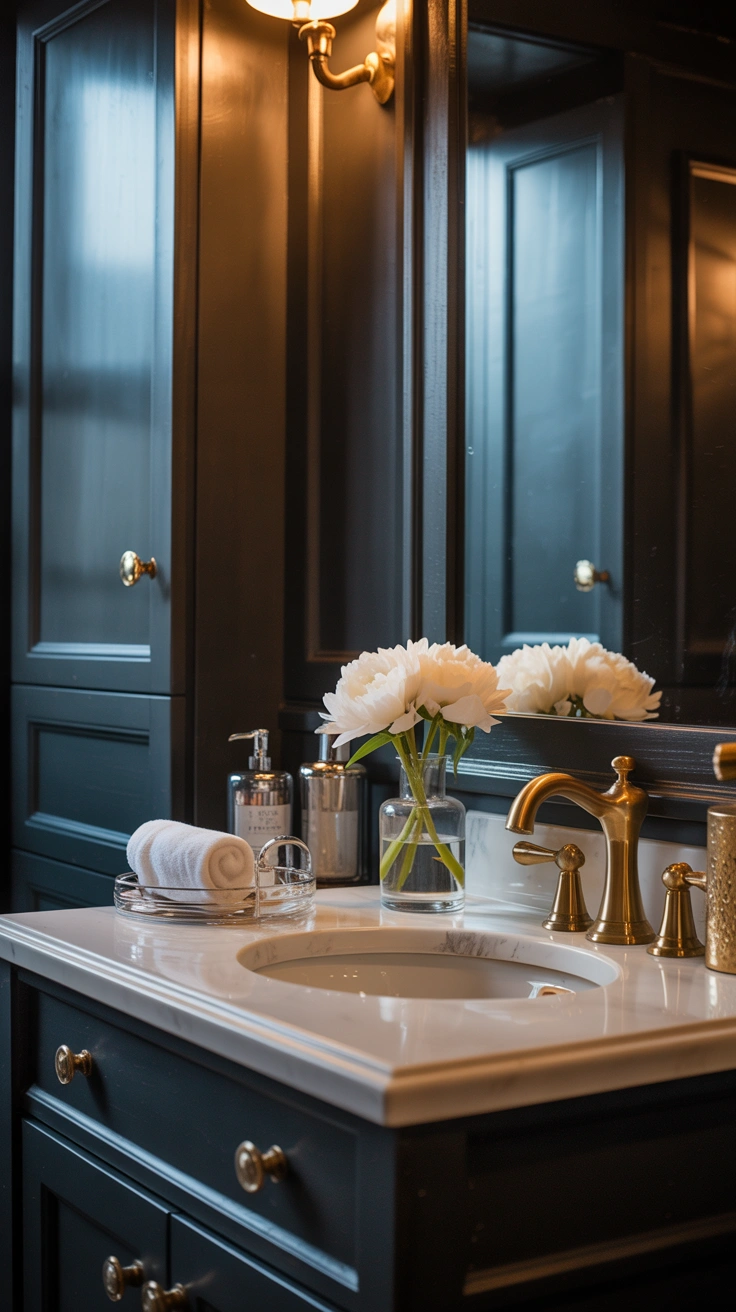 beautiful bathroom vanity with stylish counter decor, elegant accessories and organized surfaces