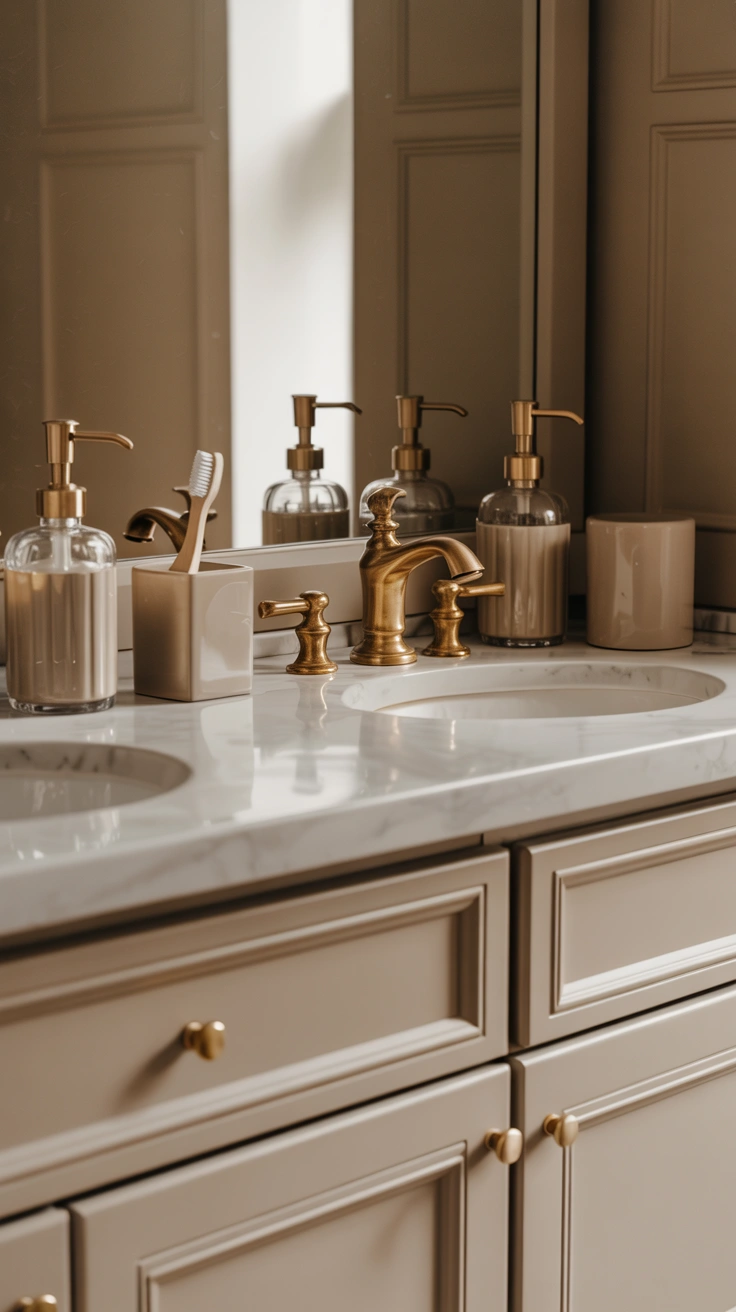 beautiful bathroom vanity with stylish counter decor, elegant accessories and organized surfaces