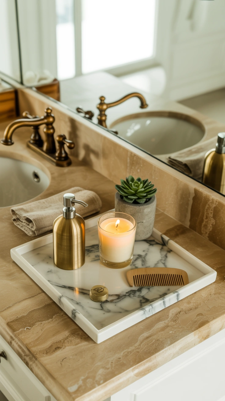 beautiful bathroom vanity with stylish counter decor, elegant accessories and organized surfaces