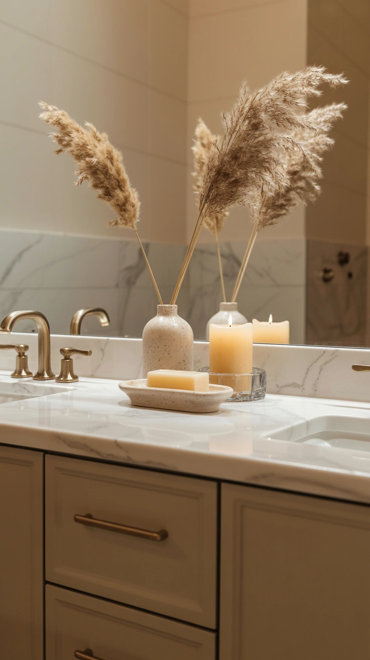beautiful bathroom vanity with stylish counter decor, elegant accessories and organized surfaces