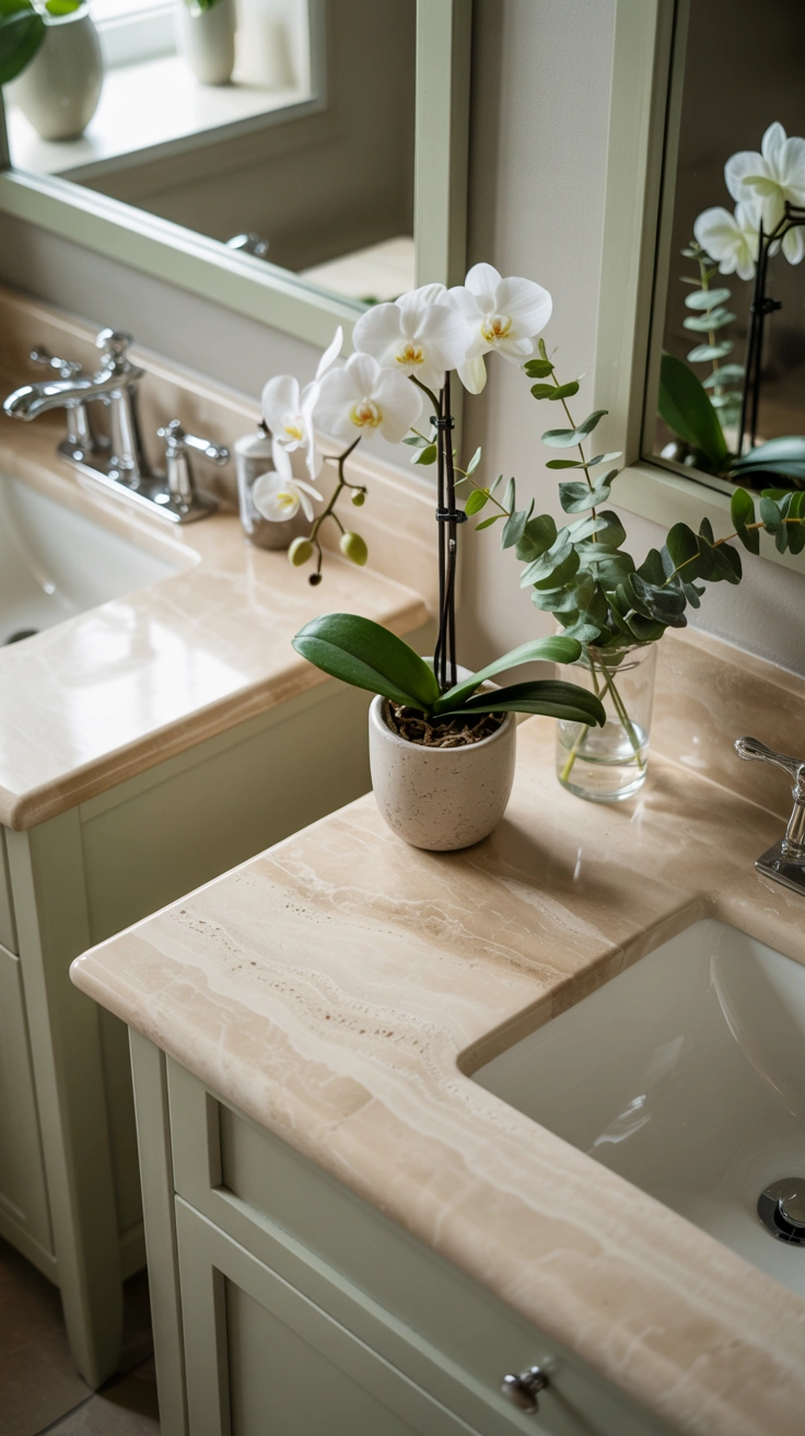 beautiful bathroom vanity with stylish counter decor, elegant accessories and organized surfaces