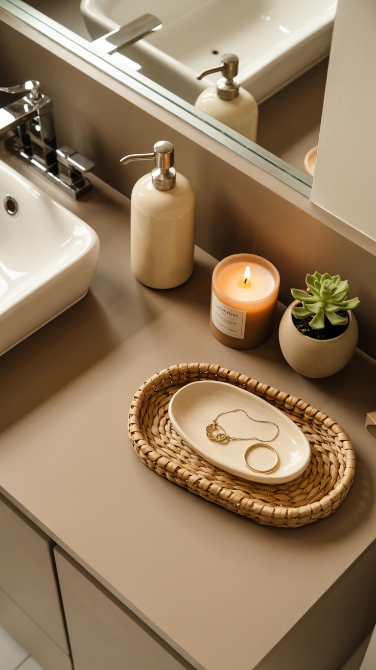 beautiful bathroom vanity with stylish counter decor, elegant accessories and organized surfaces