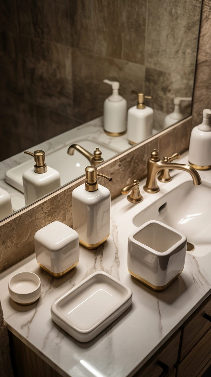 beautiful bathroom vanity with stylish counter decor, elegant accessories and organized surfaces