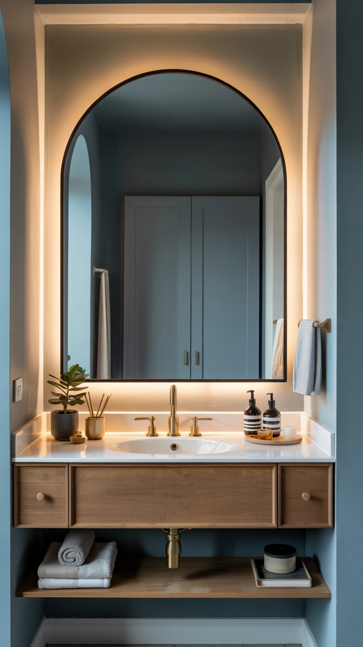beautiful bathroom vanity with stylish counter decor, elegant accessories and organized surfaces