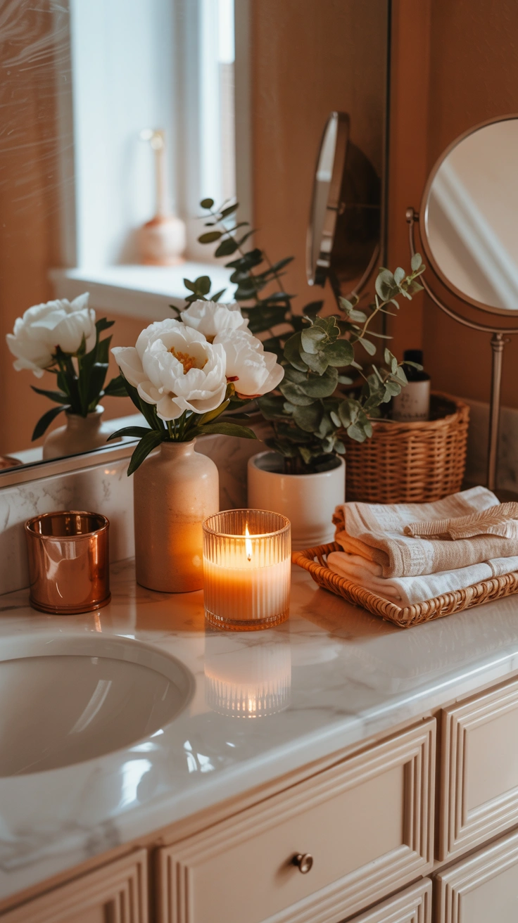 beautiful bathroom vanity with stylish counter decor, elegant accessories and organized surfaces