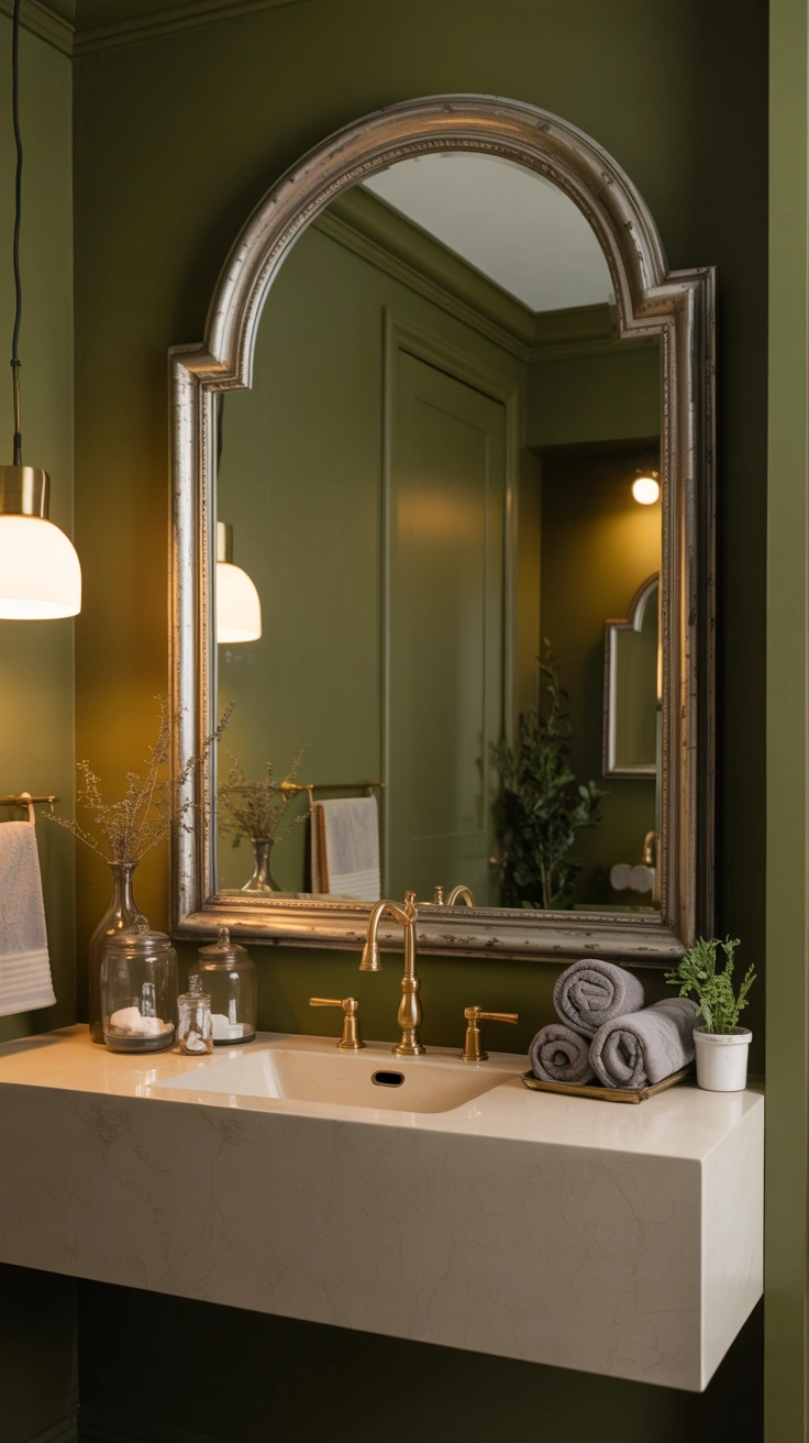 bathroom featuring a large arched mirror above a floating vanity