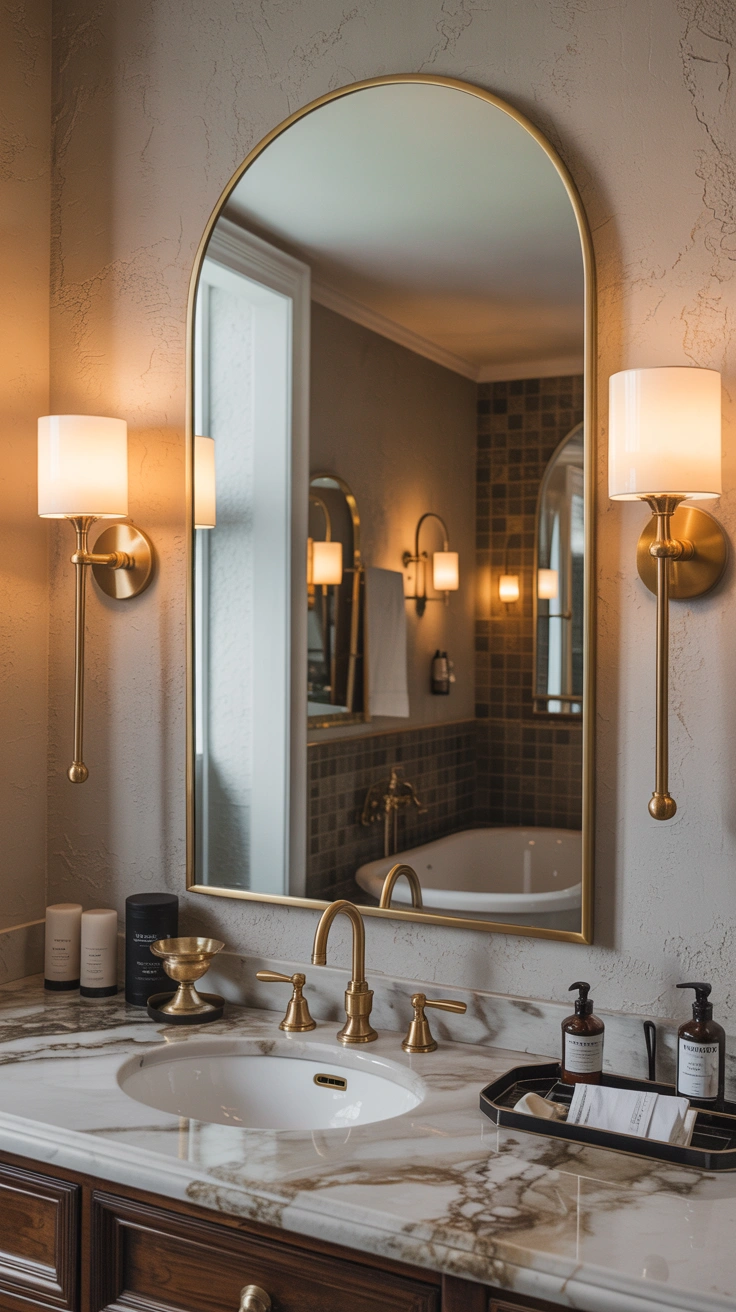 bathroom vanity with brass wall sconces and an oversized arched mirror