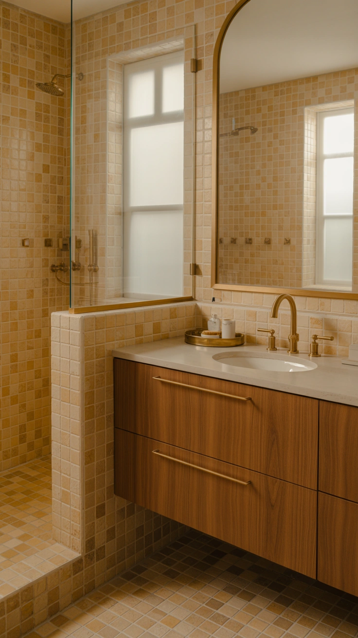 bathroom with warm travertine tiles and perfectly matched grout