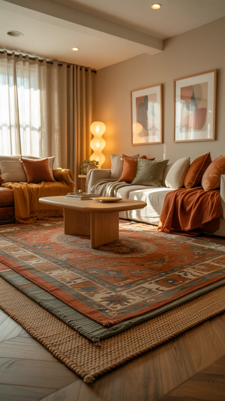 beautiful living room with coordinated decor inspired by layered rugs