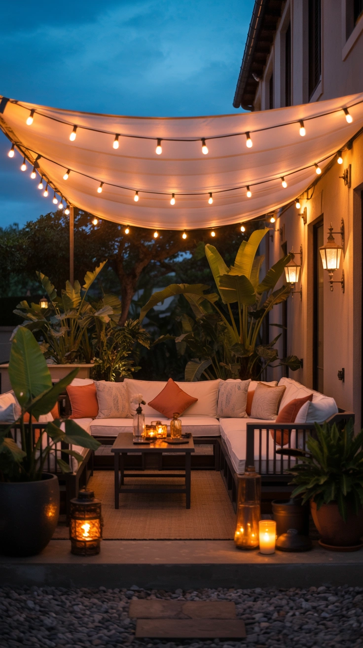 beautiful outdoor living room illuminated with layered lighting