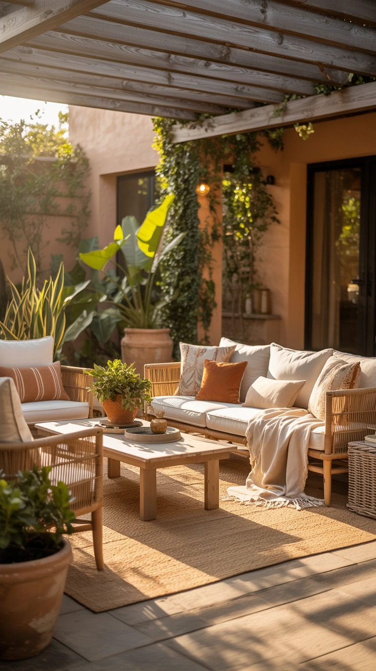 beautifully styled outdoor living room with layered decor