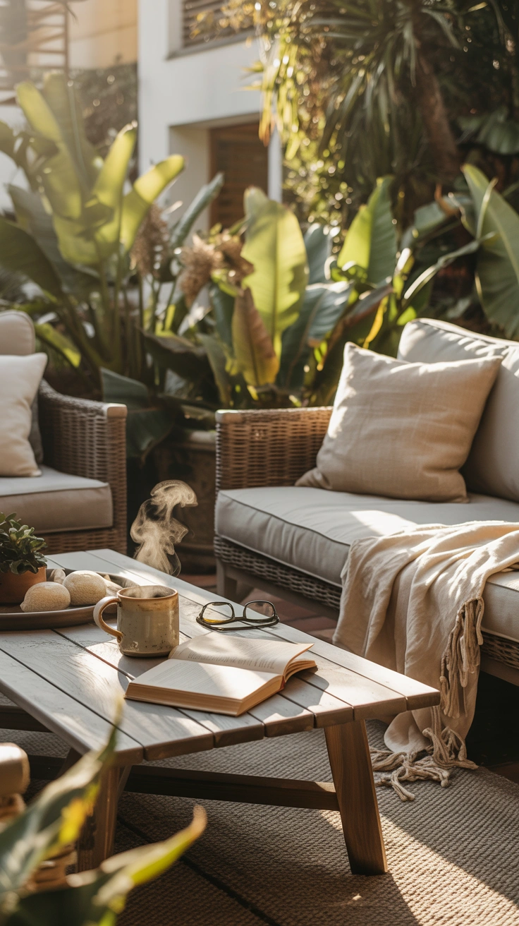 cozy outdoor living room set up for morning coffee