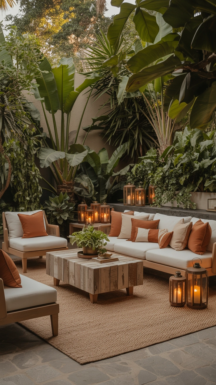 cozy outdoor lounge centered on a large outdoor rug