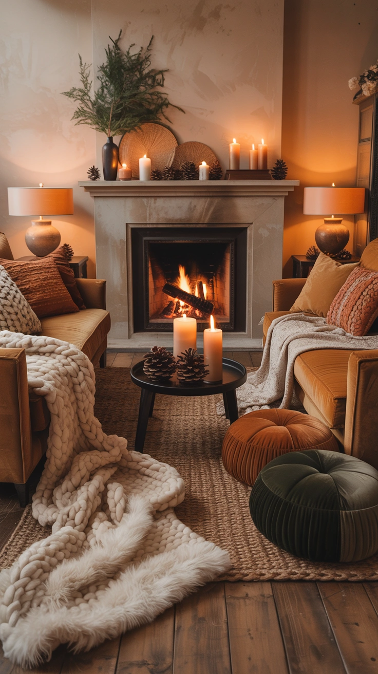 cozy winter living room with seating pulled closer to the fireplace