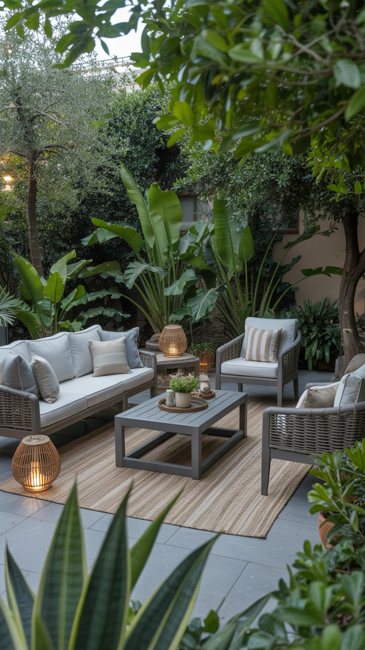 designer outdoor living room built on porcelain patio flooring