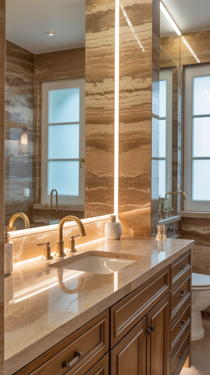 elegant bathroom featuring travertine walls and a marble vanity