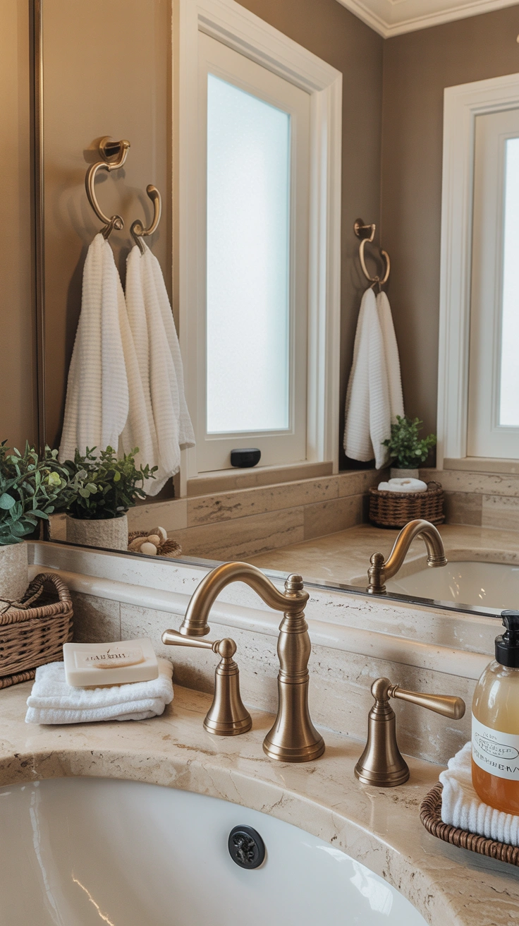 elegant bathroom with matching aged brass fixtures and refined details