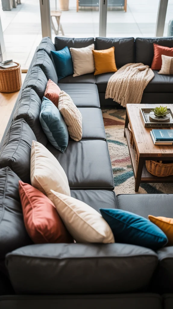 beautiful family living room with comfortable seating, smart storage and cozy everyday styling