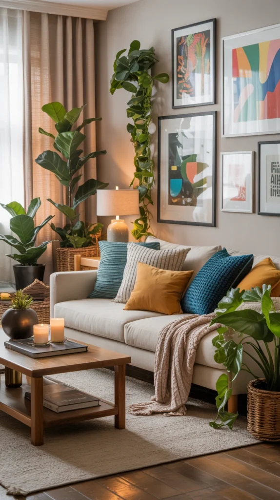 beautiful family living room with comfortable seating, smart storage and cozy everyday styling