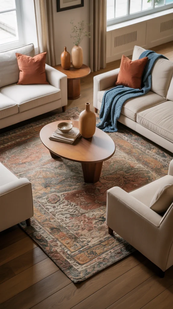 beautiful family living room with comfortable seating, smart storage and cozy everyday styling