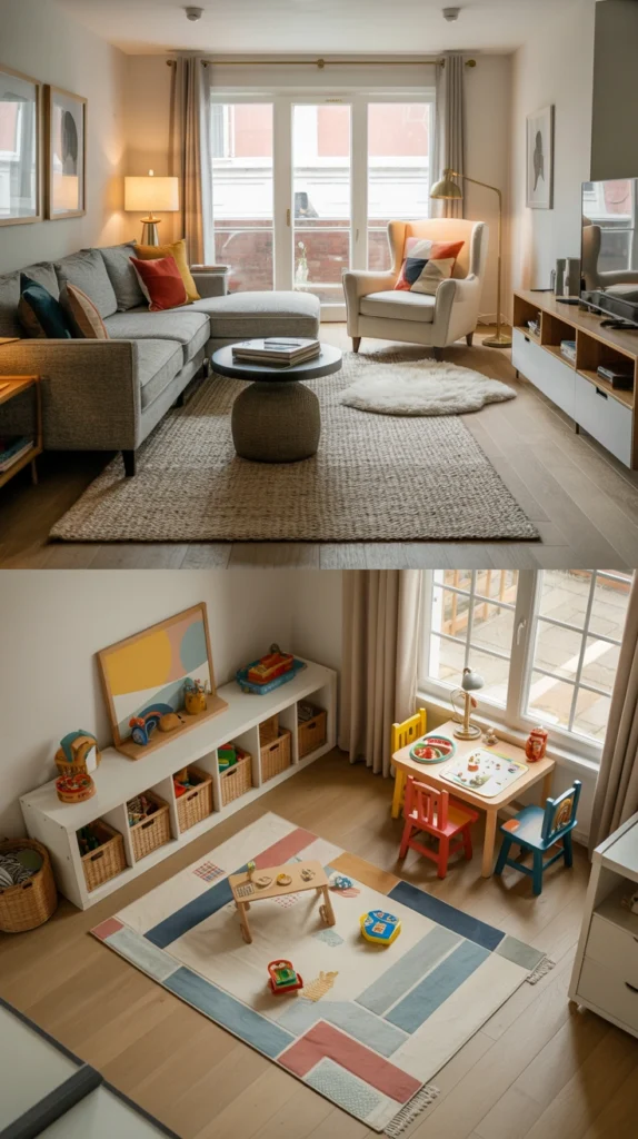 beautiful family living room with comfortable seating, smart storage and cozy everyday styling