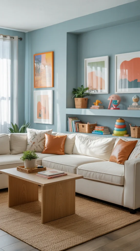 beautiful family living room with comfortable seating, smart storage and cozy everyday styling
