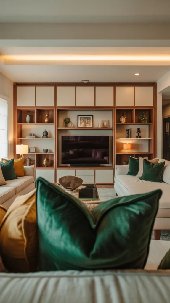 beautiful family living room with comfortable seating, smart storage and cozy everyday styling