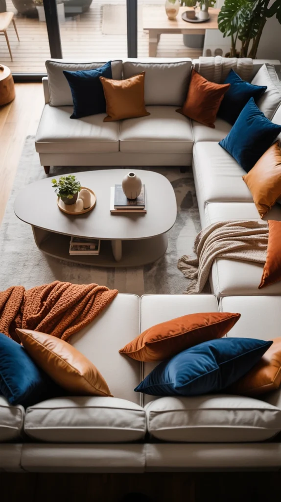 beautiful family living room with comfortable seating, smart storage and cozy everyday styling