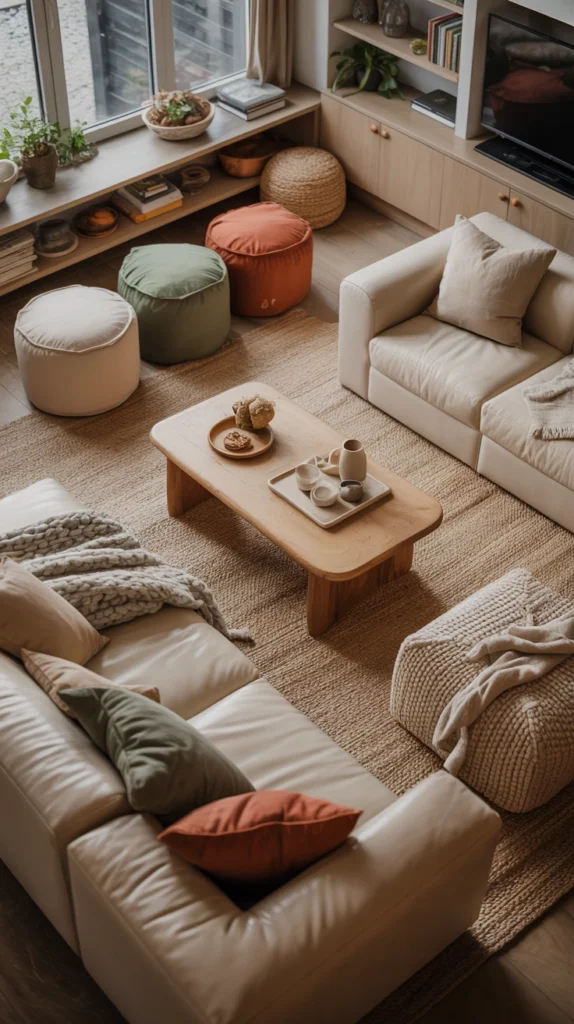 beautiful family living room with comfortable seating, smart storage and cozy everyday styling