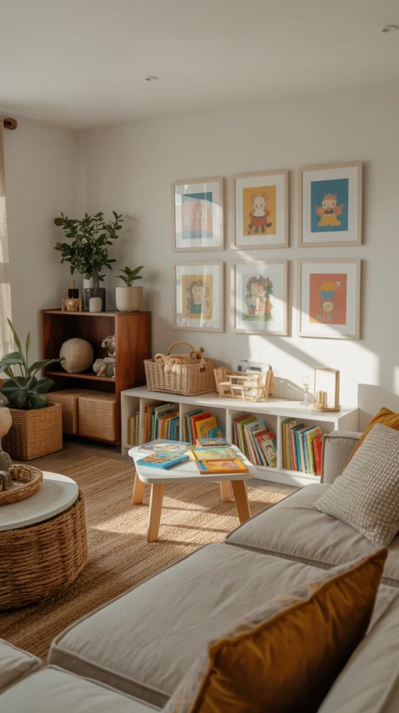 beautiful family living room with comfortable seating, smart storage and cozy everyday styling