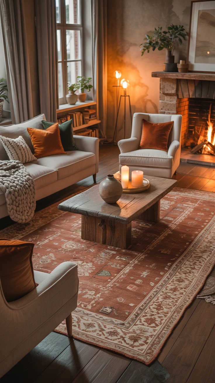 fireplace seating area anchored by a large area rug
