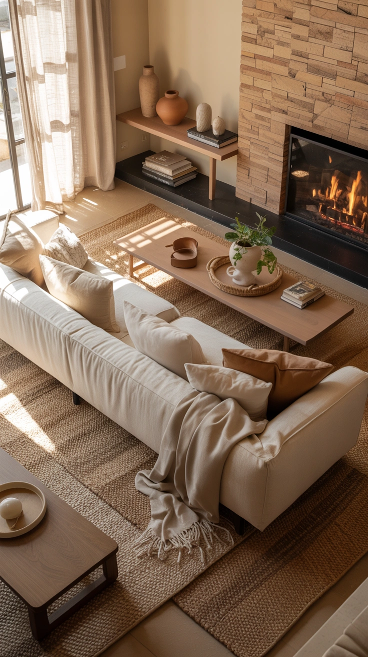 floating sofa arrangement facing a fireplace