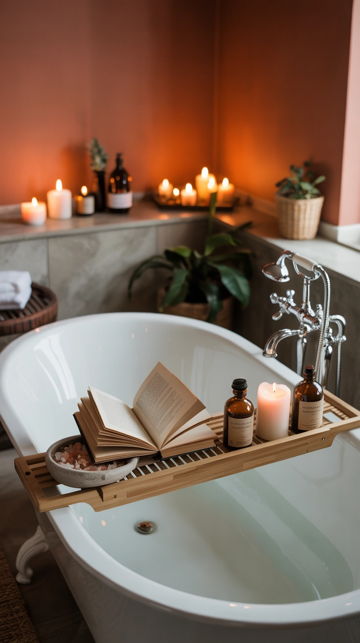 freestanding bathtub styled with candles, bath oils and a wooden tray