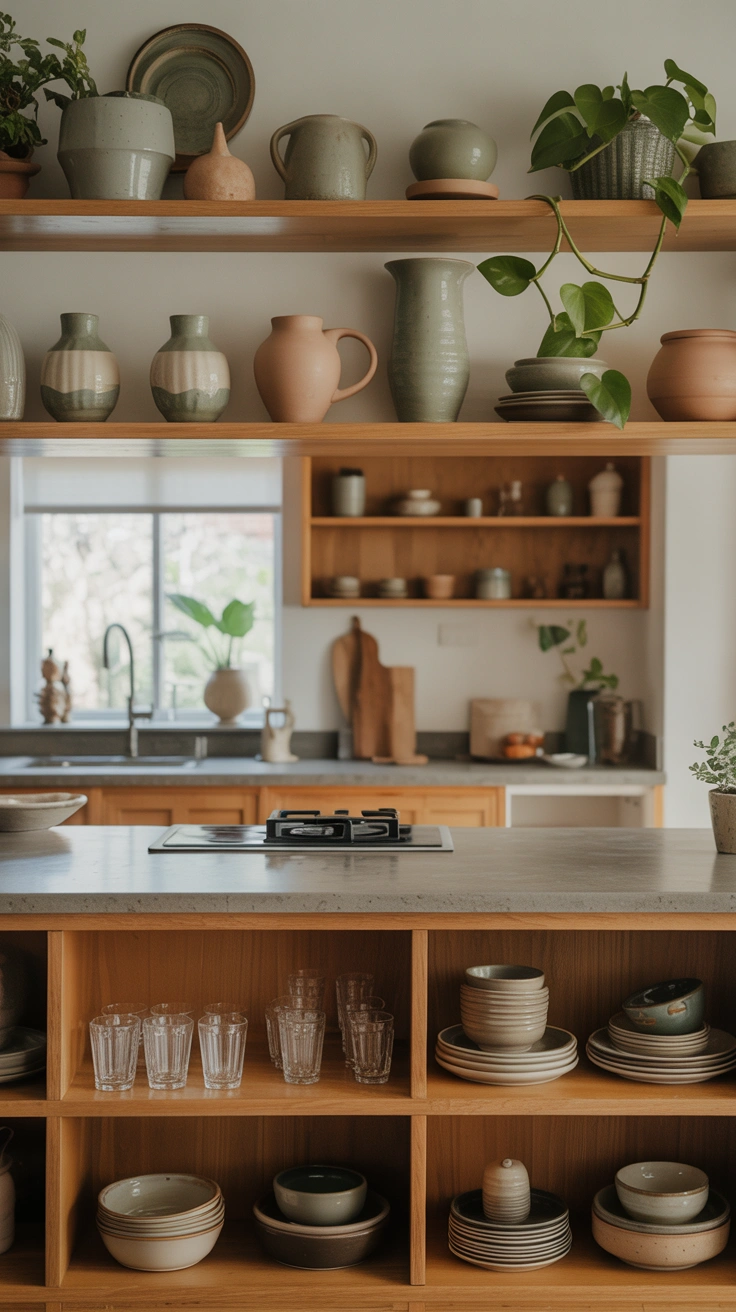 functional open shelves with dishes and glasses within reach