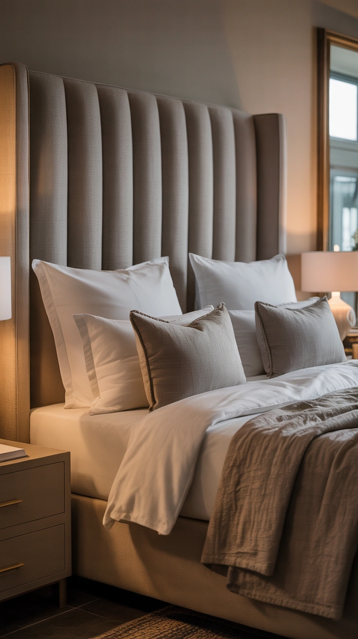 hotel bed with large European shams layered behind pillows