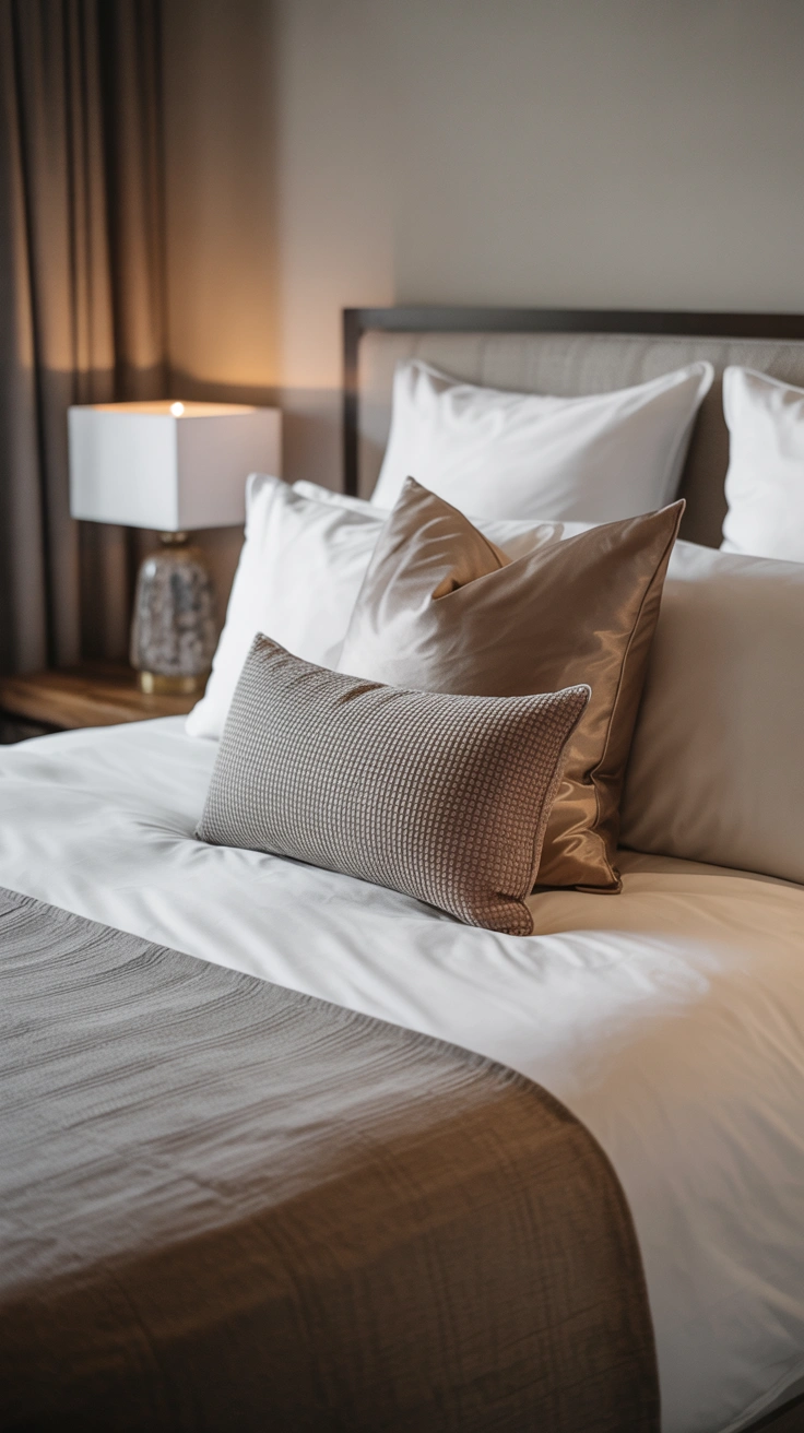 hotel-style bed with tasteful decorative accent pillows