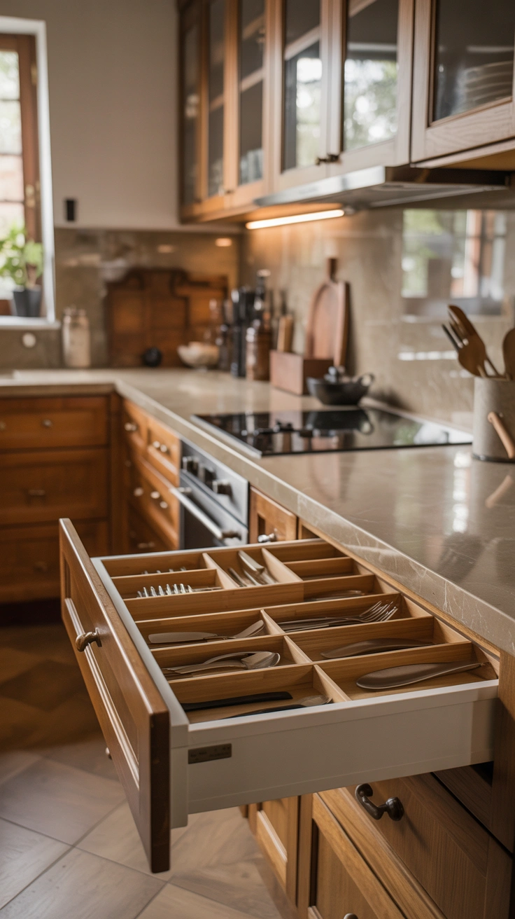 kitchen drawer with adjustable bamboo dividers