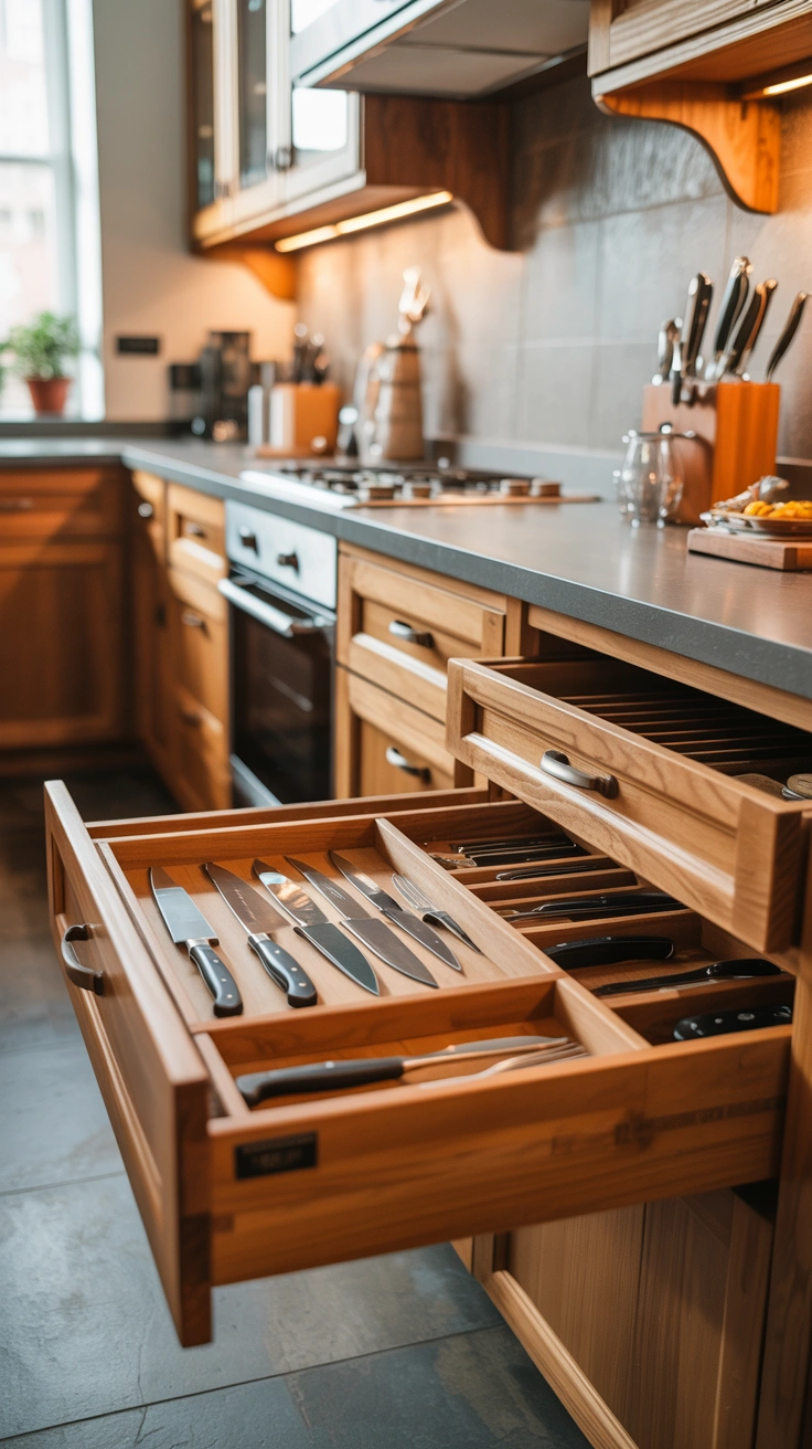 kitchen drawer with built-in wooden knife organizer