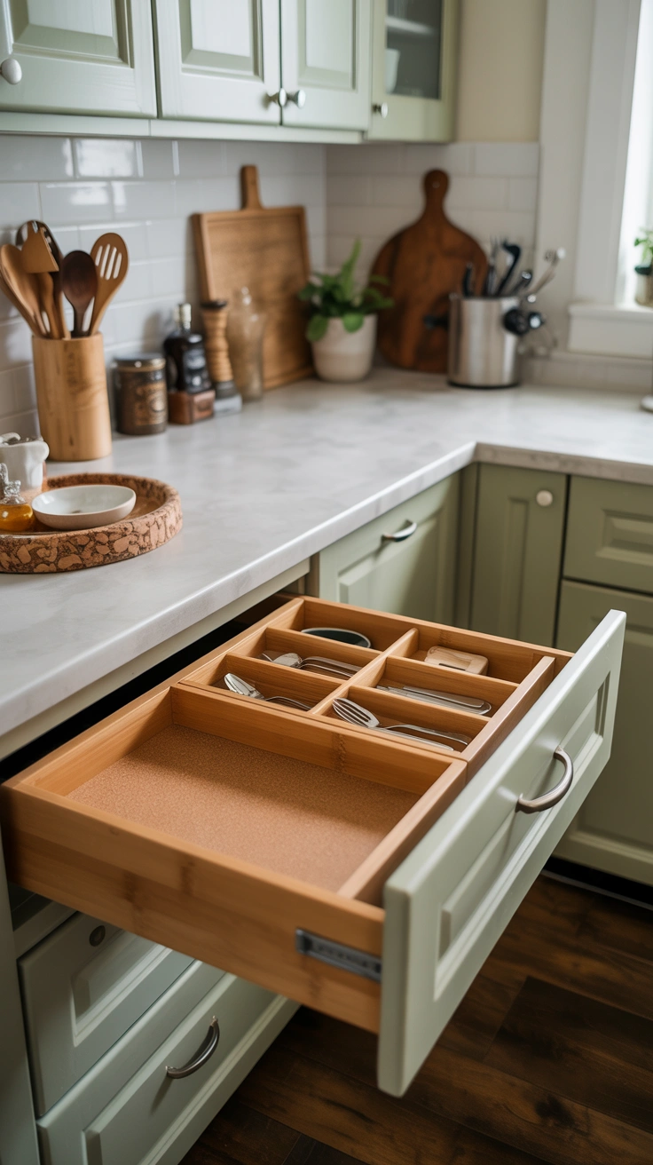 kitchen drawer with cork liner and bamboo organizers