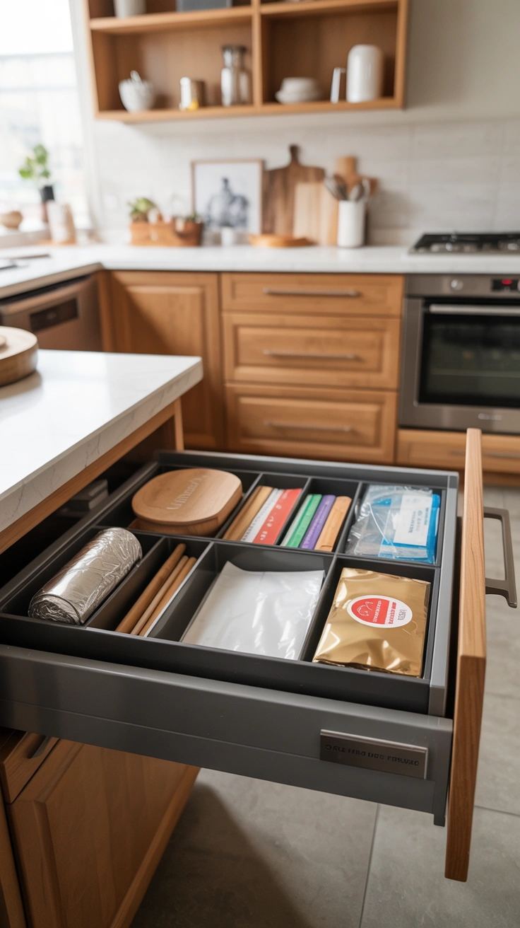kitchen drawer with organized foil and food wrap storage