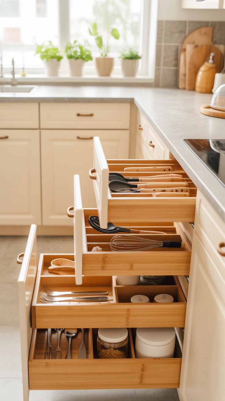 kitchen drawers organized into cooking, baking and utensil zones