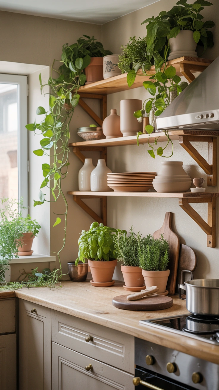 kitchen open shelves decorated with herbs and trailing plants