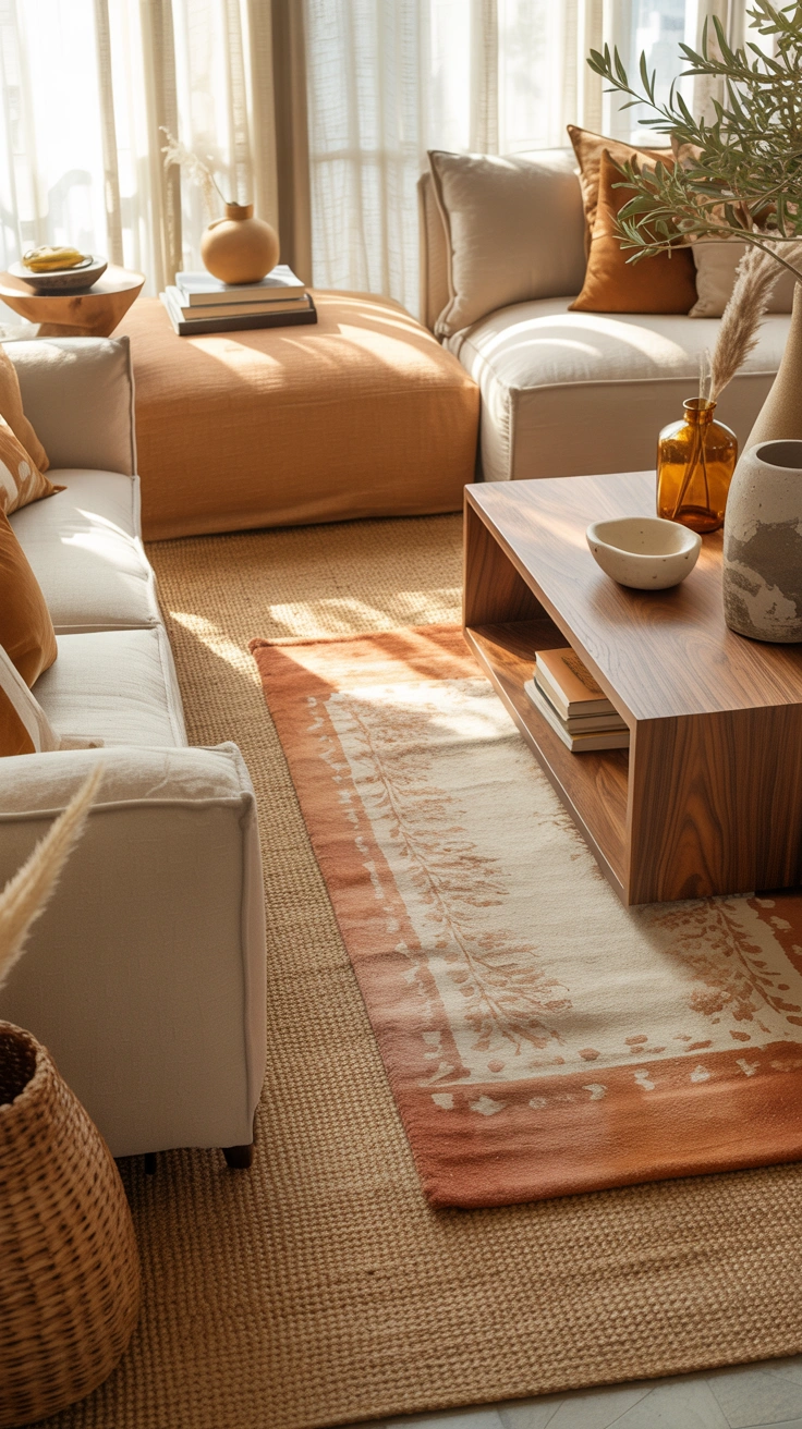 layered rugs in warm neutral and terracotta color tones